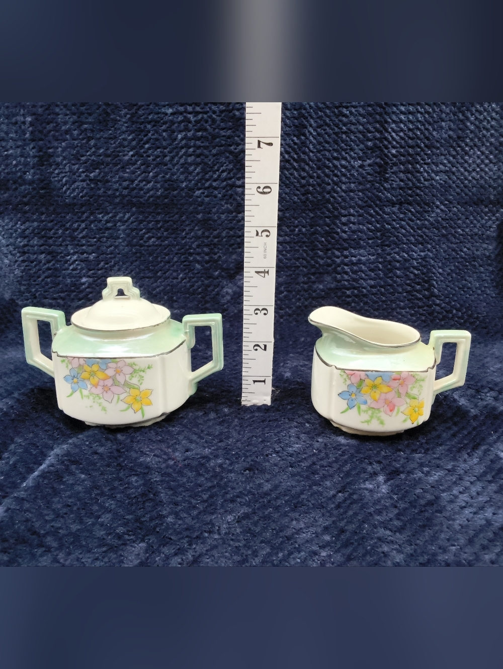 Antique Nippon Hand-Painted Floral Sugar & Creamer Set - Octagonal Lustreware - Picture 8 of 16